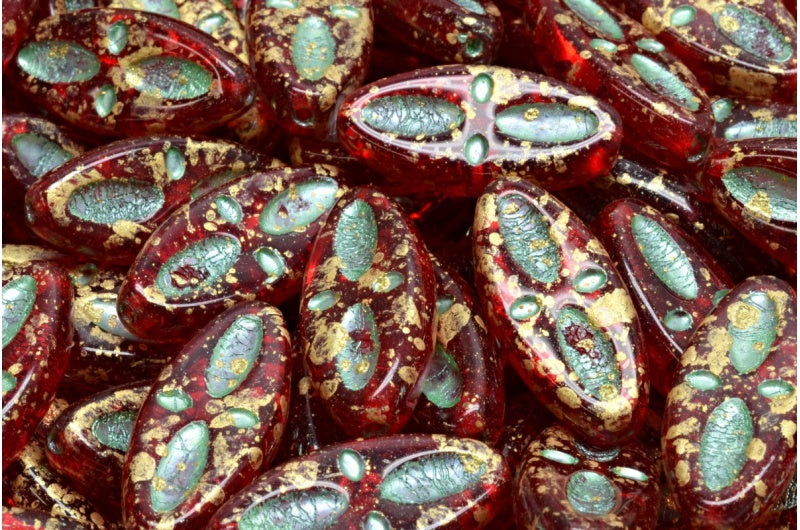 OUTLET 10 grams Ship Eye Oval Beads, 20 x 9 mm, Ruby Red Green Lined Gold Splash (90080-54322-94401), Glass, Czech Republic