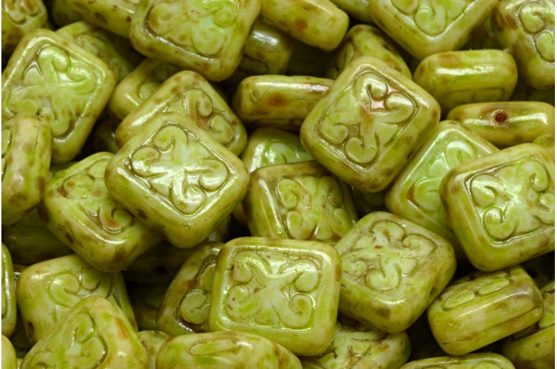 アウトレット 10グラム 装飾用クッションビーズ、ホワイトトラバーチンライトグリーン(02010-86800-34310)、ガラス、チェコ共和国