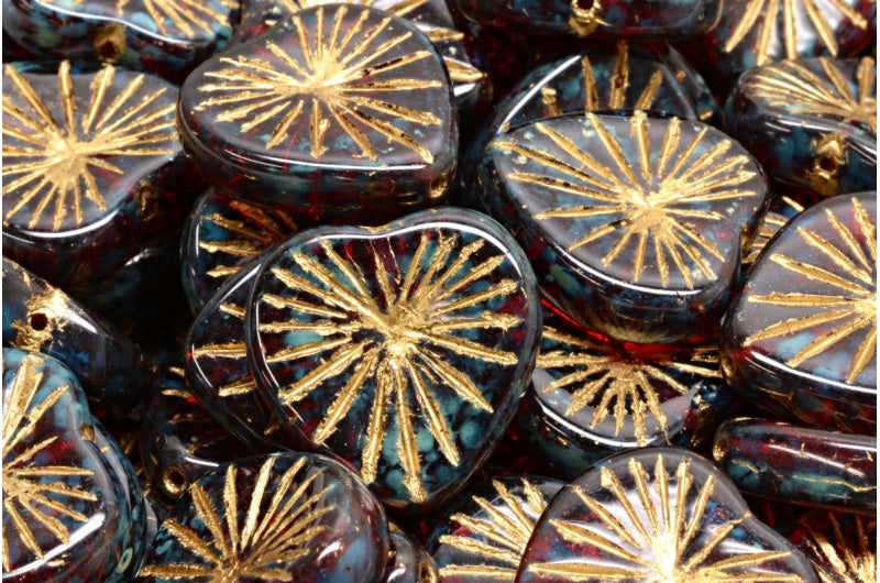 OUTLET 10 grams Kiwi Heart Beads, 18 x 18 mm, Ruby Red Travertin Gold Lined (90080-86800-54302), Glass, Czech Republic