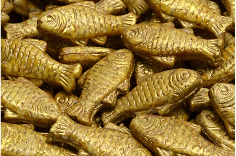 OUTLET 10 grams Big Fish Beads, 24 x 10 mm, White Gold Luster Spotted Gold Lined (02010-65322-54302), Glass, Czech Republic