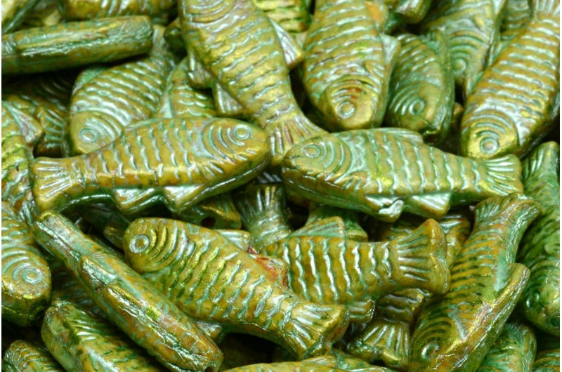 OUTLET 10 grams Big Fish Beads, 24 x 10 mm, White Brown Luster Spotted Green Lined (02010-65326-54322), Glass, Czech Republic