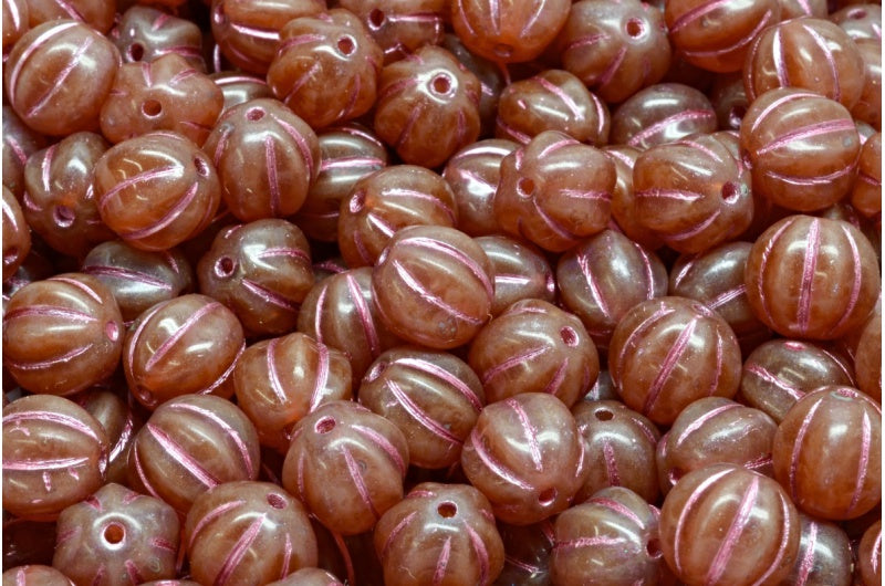 メロンビーズ、オパールピンクトラバーチンピンクライン(71010-86800-54321)、ガラス、チェコ共和国