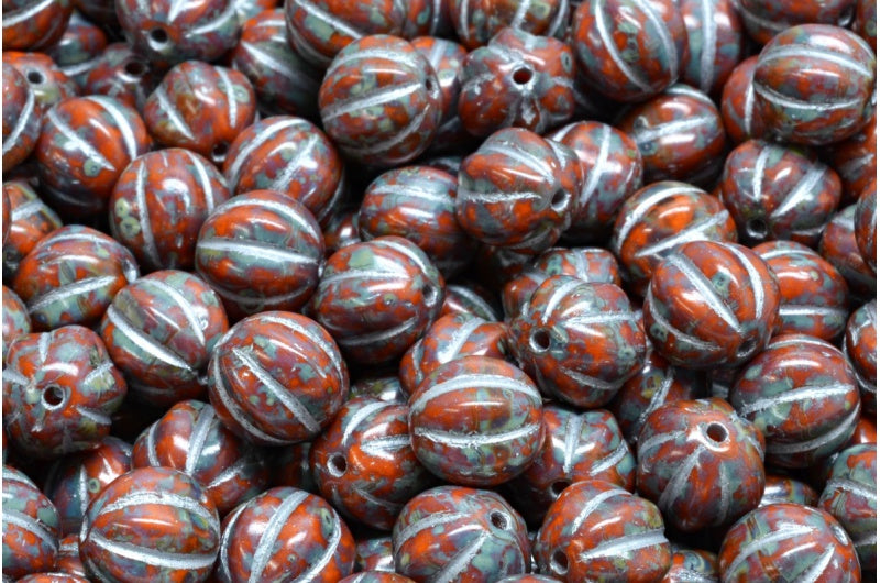 Melon Beads, Opaque Yellow Travertin Silver Lined (93120-86800-54201), Glass, Czech Republic