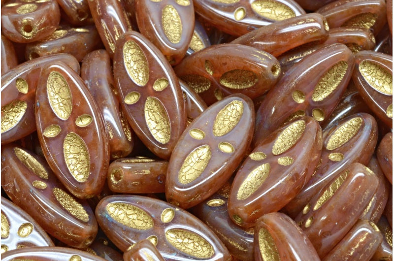 シップアイオーバルビーズ、オパールピンクトラバーチンゴールドライニング(71010-86800-54302)、ガラス、チェコ共和国