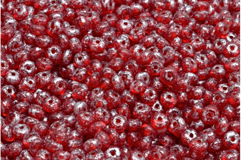 Rondelle Druck Beads, Ruby Red Silver Splash (90080-94400), Glass, Czech Republic