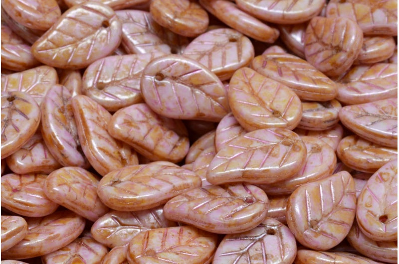 リーフペンダントビーズ、ホワイトピンクベージュ光沢スポット(02010-65323)、ガラス、チェコ共和国