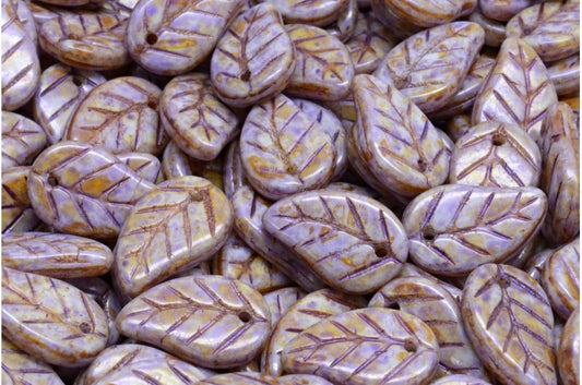 OUTLET 10 grams Leaf Pendant Beads, 14 x 9 mm, White Travertin Puprple (02010-65328), Glass, Czech Republic