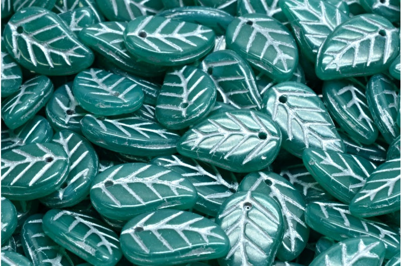 叶子吊坠珠,蛋白石祖母绿银衬 (52050-54301),玻璃,捷克共和国