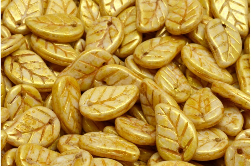 リーフペンダントビーズ、ホワイトゴールド光沢スポット(02010-65322)、ガラス、チェコ共和国