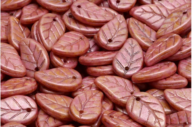 リーフペンダントビーズ、ホワイトローズラスタースポット(02010-65327)、ガラス、チェコ共和国