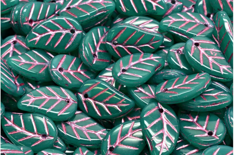 リーフペンダントビーズ、オパールエメラルドピンクライン(52050-54321)、ガラス、チェコ共和国