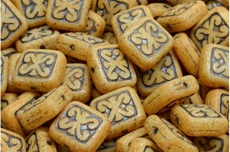 Ornamental Cushion Beads, White 43815 84311 (02010-43815-84311), Glass, Czech Republic