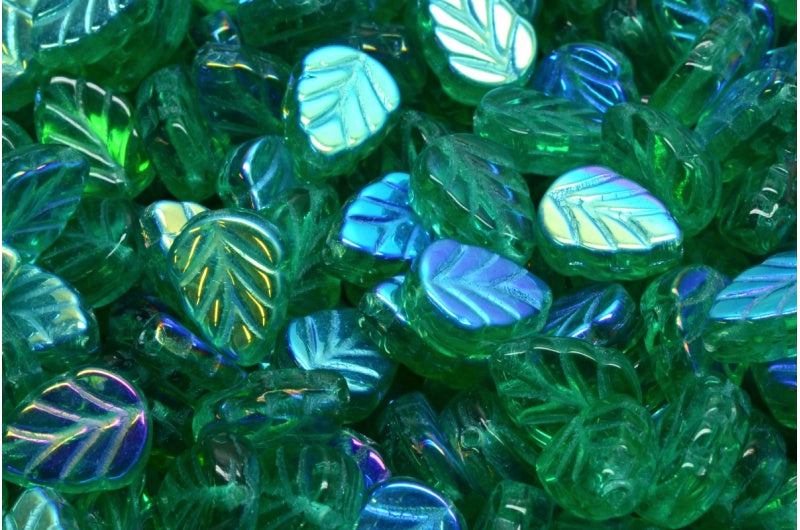 Mint Leaf Beads, Transparent Green Emerald Ab (50720-28701), Glass, Czech Republic
