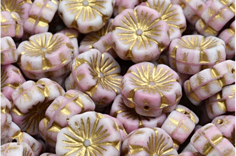 ハワイアンフラワービーズ、ピンクゴールドライン(07724-54302)、ガラス、チェコ共和国