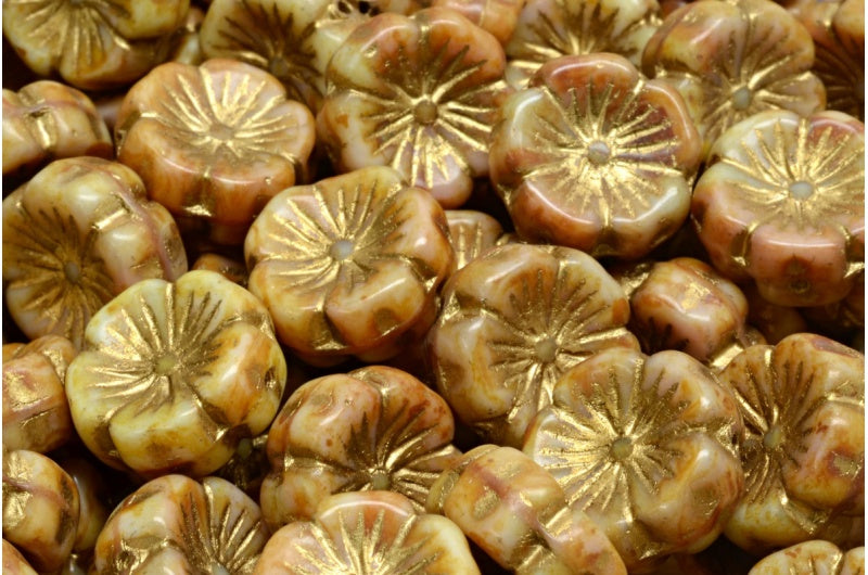 ハワイアンフラワービーズ、ピンクトラバーチン、ゴールドライン(07724-86800-54302)、ガラス、チェコ共和国