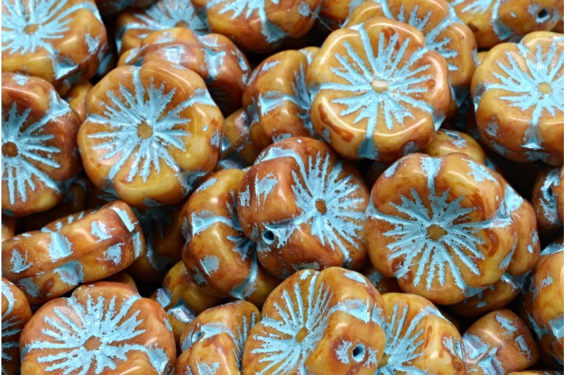 ハワイアンフラワービーズ、ピンクトラバーチンライトブルーライン(07724-86800-54308)、ガラス、チェコ共和国