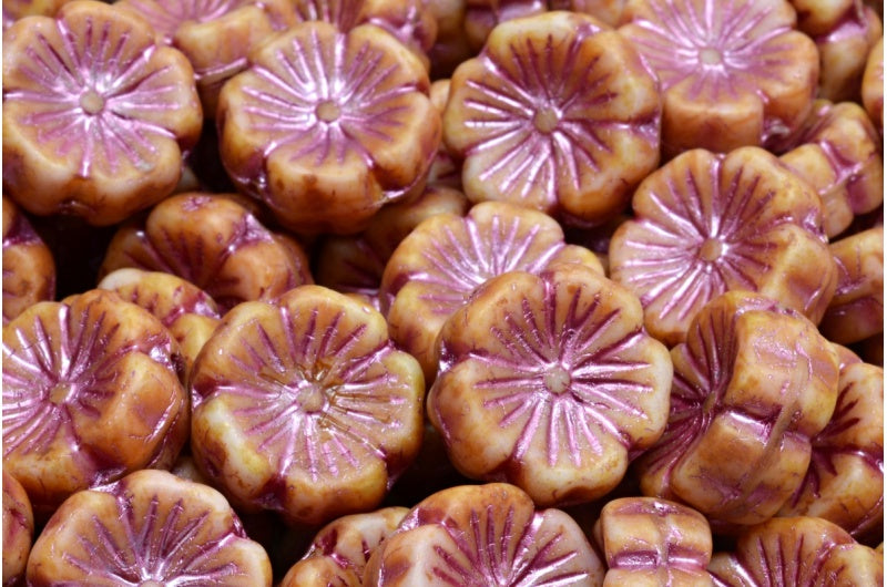 ハワイアンフラワービーズ、ピンクトラバーチン、ピンクライン(07724-86800-54321)、ガラス、チェコ共和国