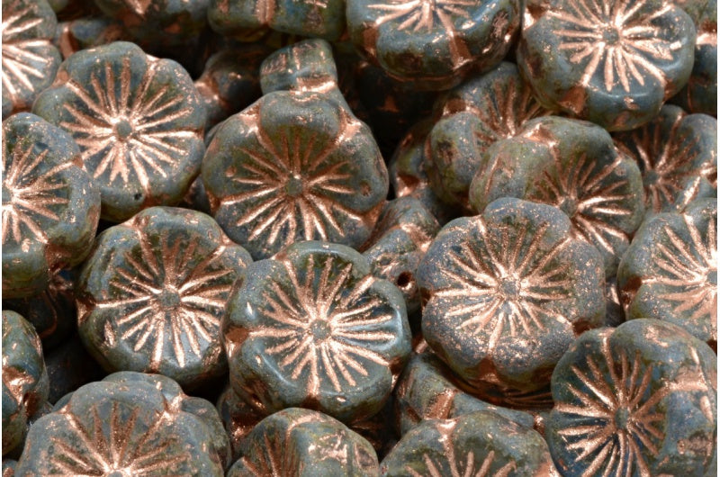 ハワイアンフラワービーズ、オパールブルー透明ブルートラバーチン銅裏地(31010-30040-86800-54318)、ガラス、チェコ共和国