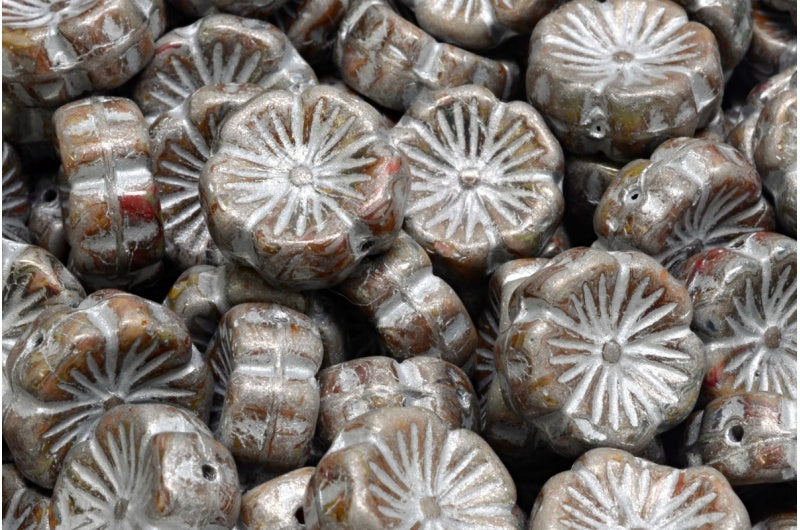 ハワイアンフラワービーズ、R0001 トラバーチン シルバーライン (R0001-86800-54301)、ガラス、チェコ共和国