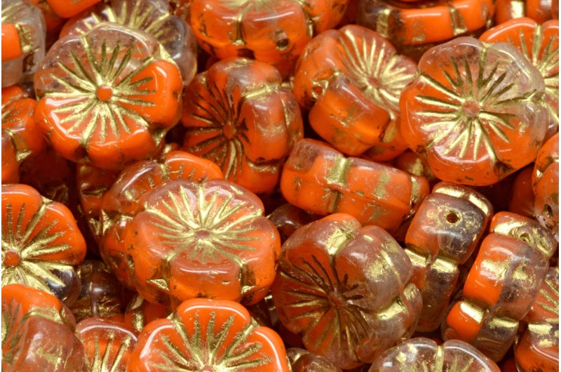 ハワイアンフラワービーズ、オレンジゴールドライン(R0912-54302)、ガラス、チェコ共和国