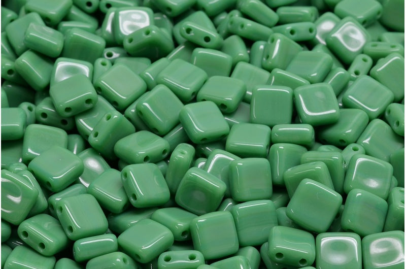 2-Holes Pressed Tile Beads, Opaque Green (53230), Glass, Czech Republic