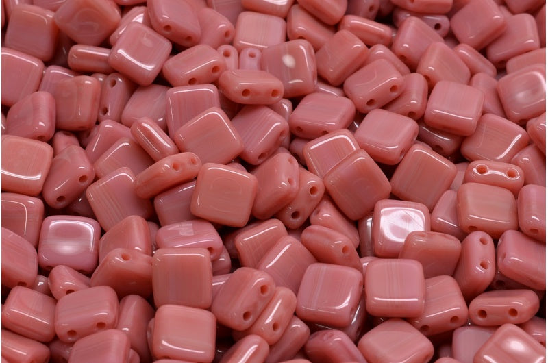 2-Holes Pressed Tile Beads, Opaque Pink (73040), Glass, Czech Republic