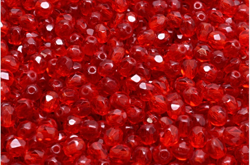ファセット加工ビーズ ラウンド、ライトサイアム 透明レッド (90070-90090)、ボヘミアクリスタルガラス、チェコ共和国