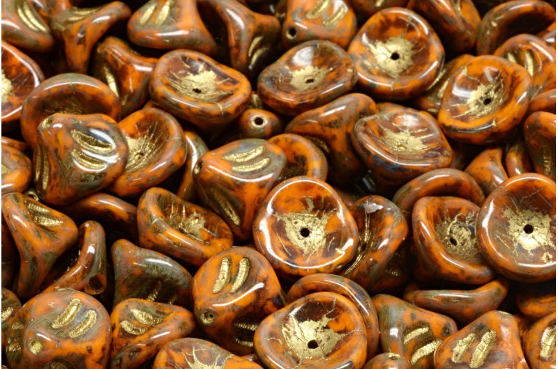 デイリリーフラワービーズ、不透明イエロートラバーチン、金箔入り(93100-86800-54302)、ガラス、チェコ共和国