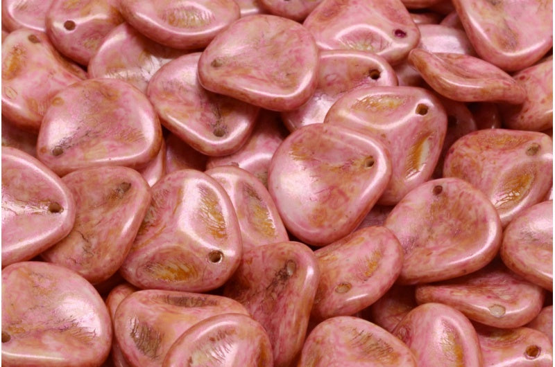 バラの花びらビーズ、白、オレンジ、ピンクの光沢、斑点模様(02010-65307)、ガラス、チェコ共和国