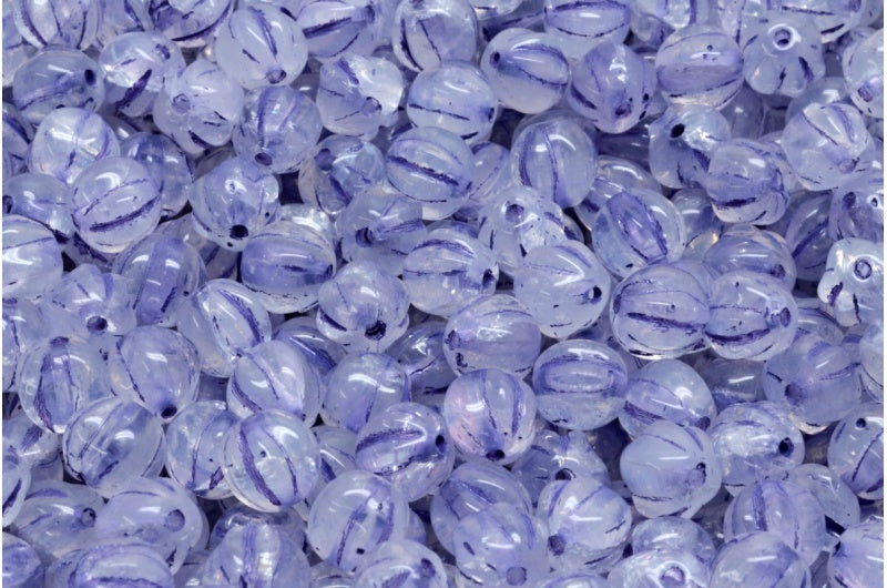 Melon Beads, White Blue Lined (R0201-54325), Glass, Czech Republic