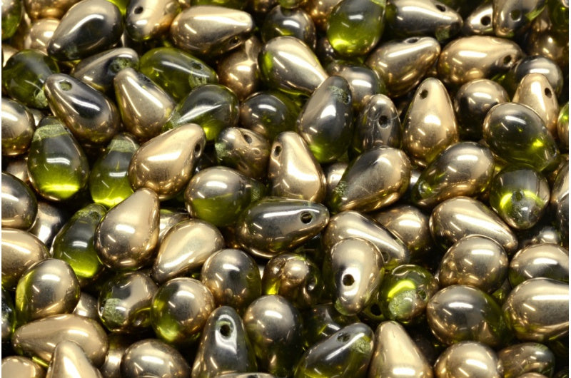 ドロップビーズ、透明グリーンゴールド(50220-26441)、ガラス、チェコ共和国