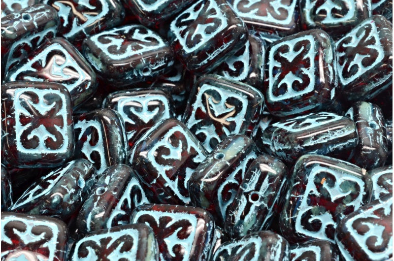 装飾用クッションビーズ、ルビーレッドトラバーチンライトブルーライン(90080-86800-54308)、ガラス、チェコ共和国