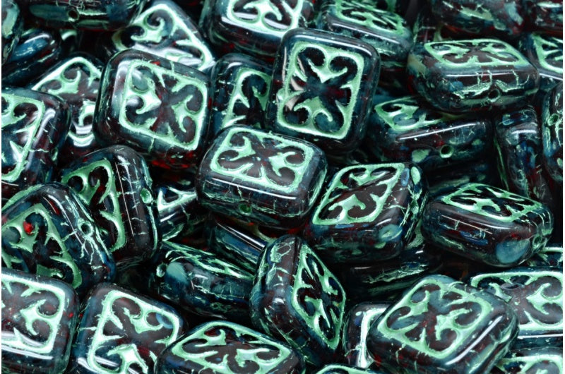 Ornamental Cushion Beads, Ruby Red Travertin 54322 (90080-86800-54322), Glass, Czech Republic