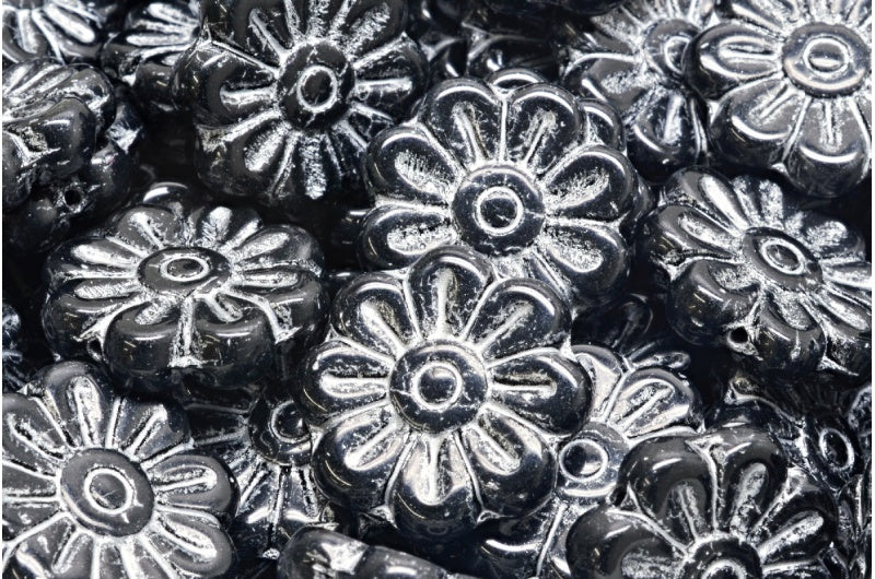 Daisy Flower Bead, Black Silver Lined (23980-54301), Glass, Czech Republic