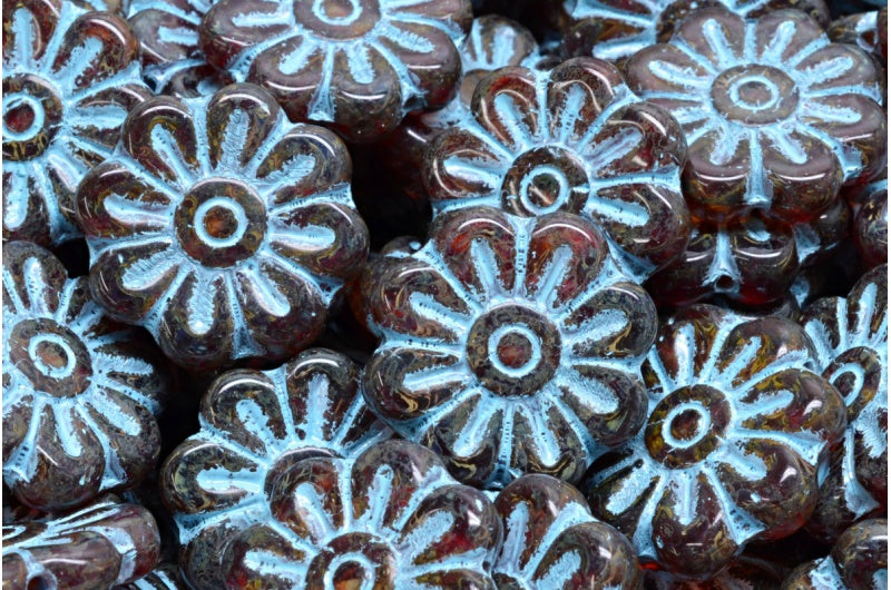 OUTLET 10 grams Daisy Flower Bead, 18 x 18 mm, R0908 Travertin Light Blue Lined (R0908-86800-54308), Glass, Czech Republic