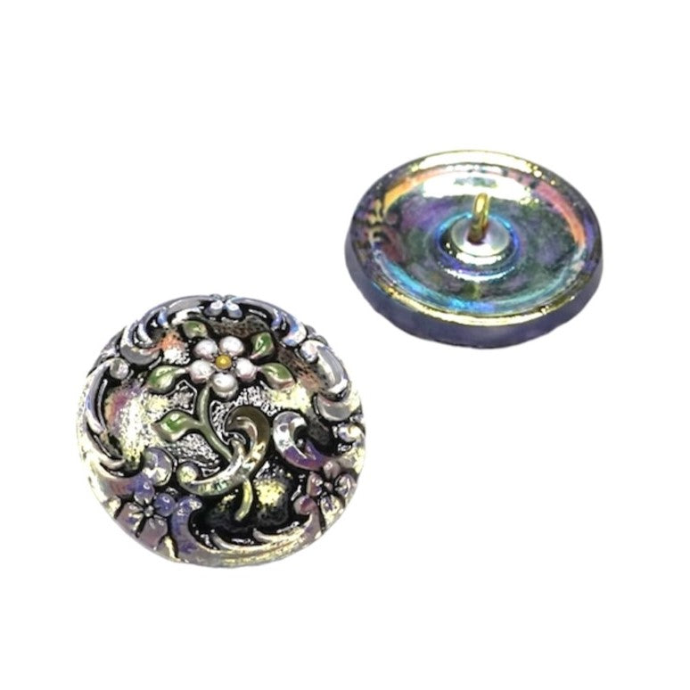 1個 ハンドペイントガラスボタン(飾り付き)、サイズ10(22.5 mm)、ガラス、チェコ共和国