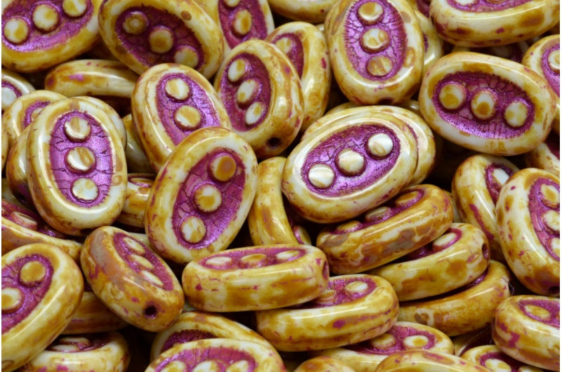OUTLET 10 grams 3-Dot Designed Beads, Chalk White Travertin Pink Lined (03000-86800-43807), Glass, Czech Republic