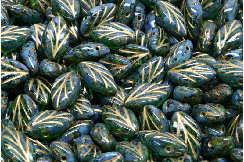 Beech Leaf Beads, Transparent Green Emerald Travertin Gold Lined (50720-86800-54302), Glass, Czech Republic
