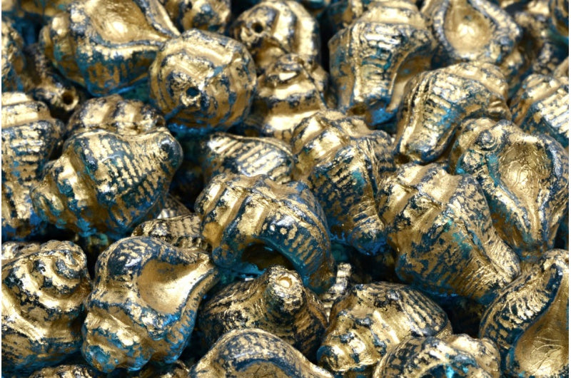 Murex Shell Beads, Transparent Aqua Gold Lined (60020-54302), Glass, Czech Republic
