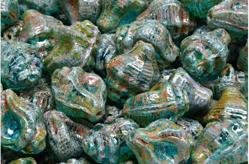 Murex Shell Beads, Transparent Aqua Travertin (60020-86800), Glass, Czech Republic