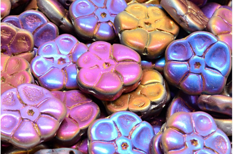 Primrose flower beads, White Red Sliperit Full (2X Side) (R2932-29503), Glass, Czech Republic