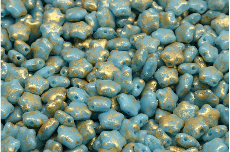 Flat Star Beads, Opal Aqua Gold Splash (61400-94401), Glass, Czech Republic