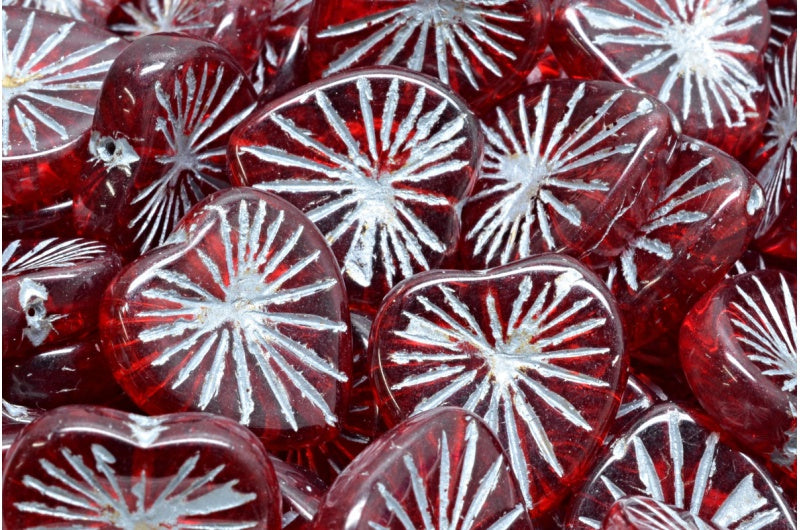 Kiwi Heart Beads, Ruby Red Silver Lined (90080-54301), Glass, Czech Republic