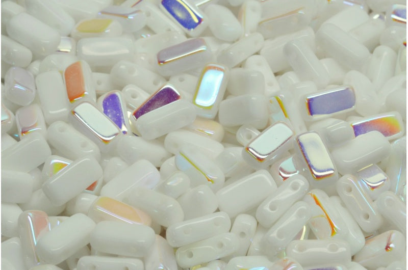 2穴プレスタイルビーズ、ホワイトオパールAb(02020-28701)、ガラス、チェコ共和国