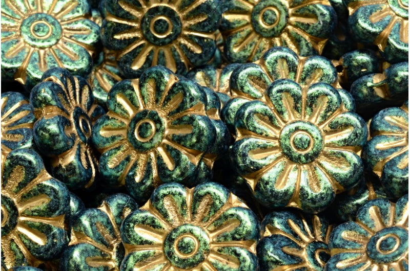 Daisy Flower Bead, Black Gold Lined Green Iridiscent (23980-54302-86922), Glass, Czech Republic