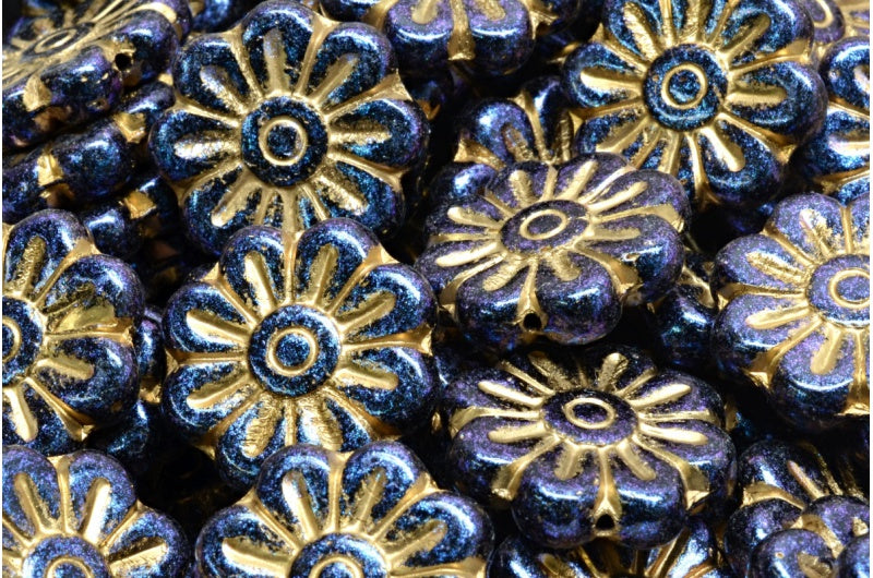 Daisy Flower Bead, Black Gold Lined Blue Iridiscent (23980-54302-86966), Glass, Czech Republic