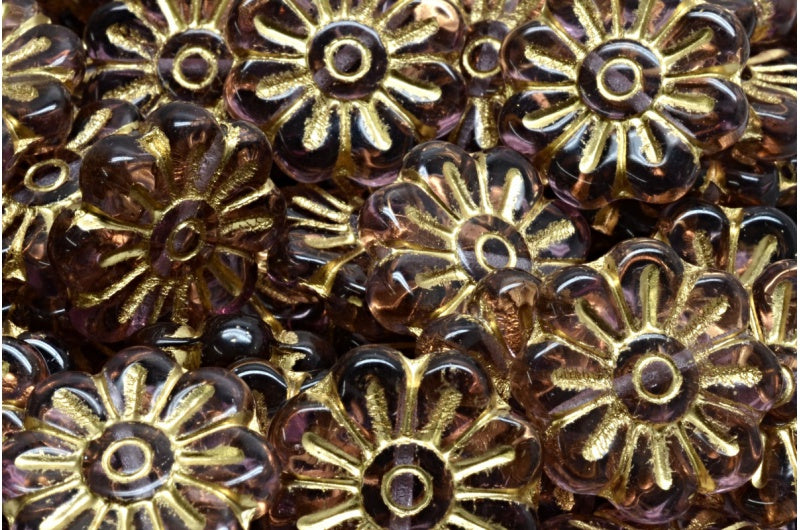 デイジーフラワービーズ、透明ライトアメジスト、ゴールドライン(20020-54302)、ガラス、チェコ共和国