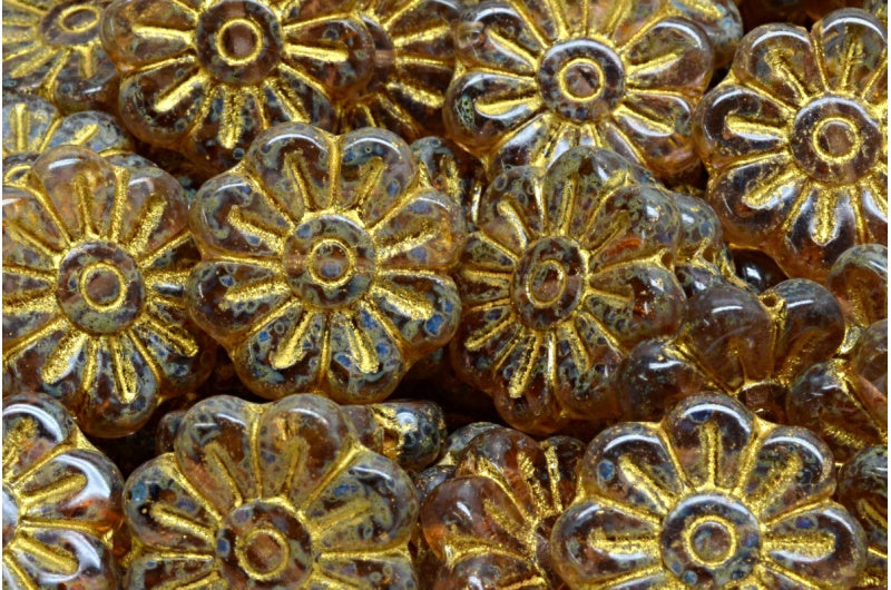 デイジーフラワービーズ、透明ライトアメジストトラバーチンイエローライン(20020-86800-43803)、ガラス、チェコ共和国