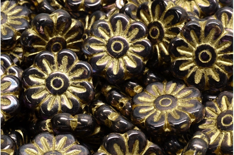 デイジーフラワービーズ、R0239 パープルゴールドライン(R0239-15726-54302)、ガラス、チェコ共和国