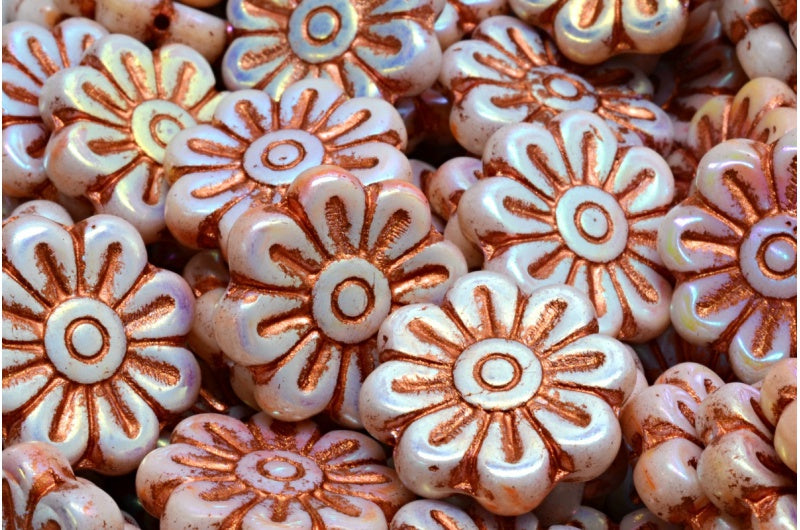 デイジーフラワービーズ、ホワイトオレンジアブフル(2Xサイド)銅裏地(R2912-28703-54319)、ガラス、チェコ共和国